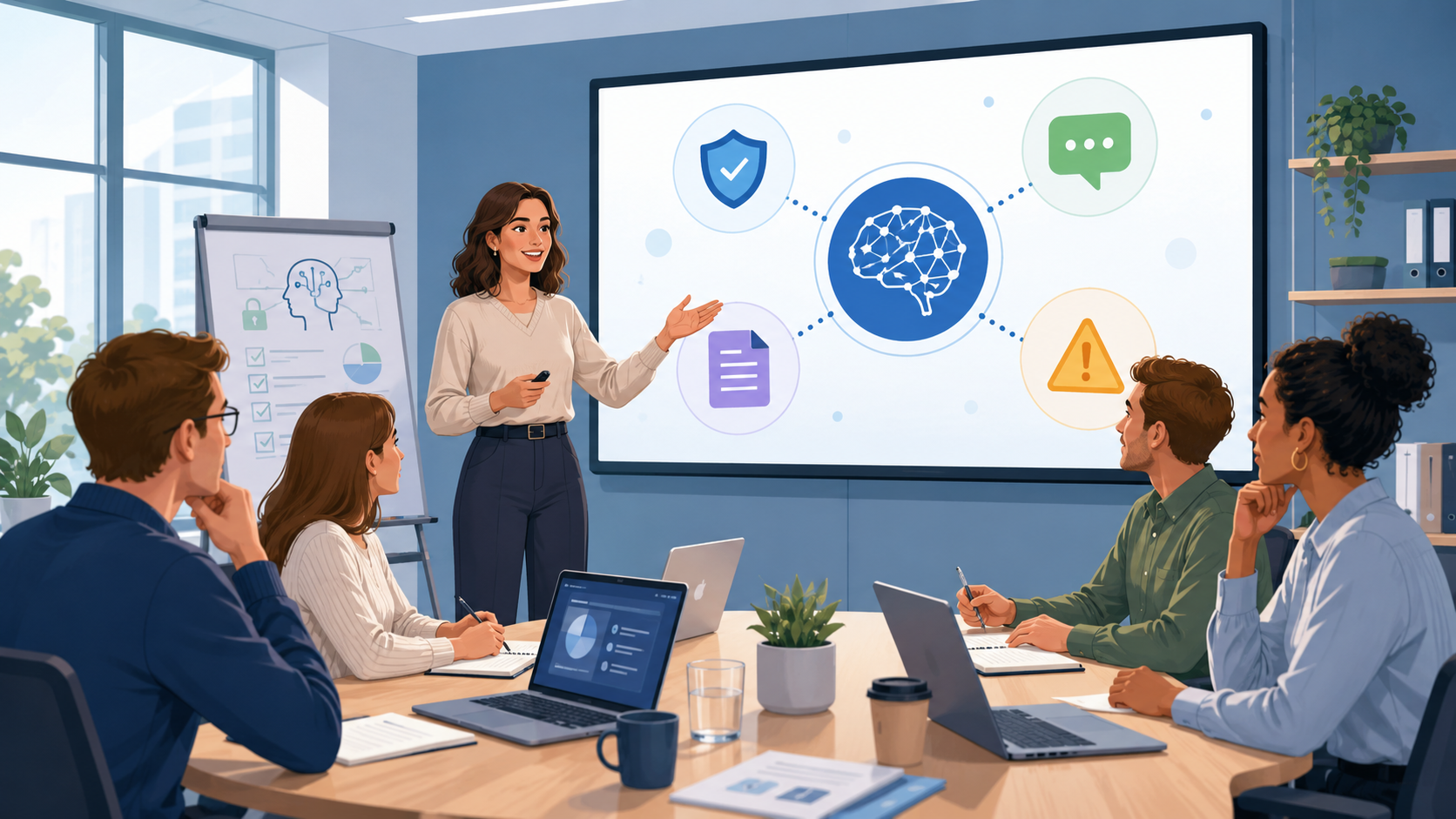AI-awareness-training: trainer legt een team de kansen en risico's van AI uit